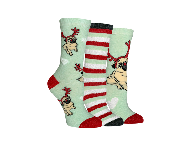 Women's Women's Reindeer Pug Crew Socks - 3 Pair Pack