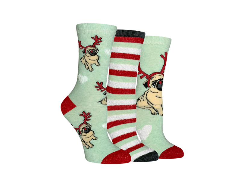 Women's Women's Reindeer Pug Crew Socks - 3 Pair Pack
