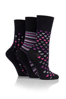 Gentle Grip Women's Bamboo Heart/Stripe/Dot Crew Sock Black/Berry