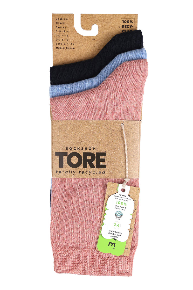 TORE W2000 Women's Solid Color Recycled Crew Sock Rose/Blue/Navy - Packaging