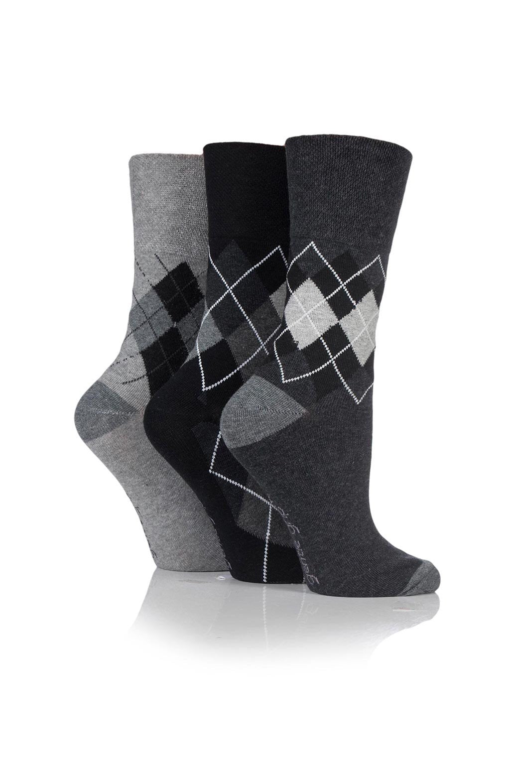 Gentle Grip - Ladies Monochrome Argyle Socks - 3 Pair Pack
